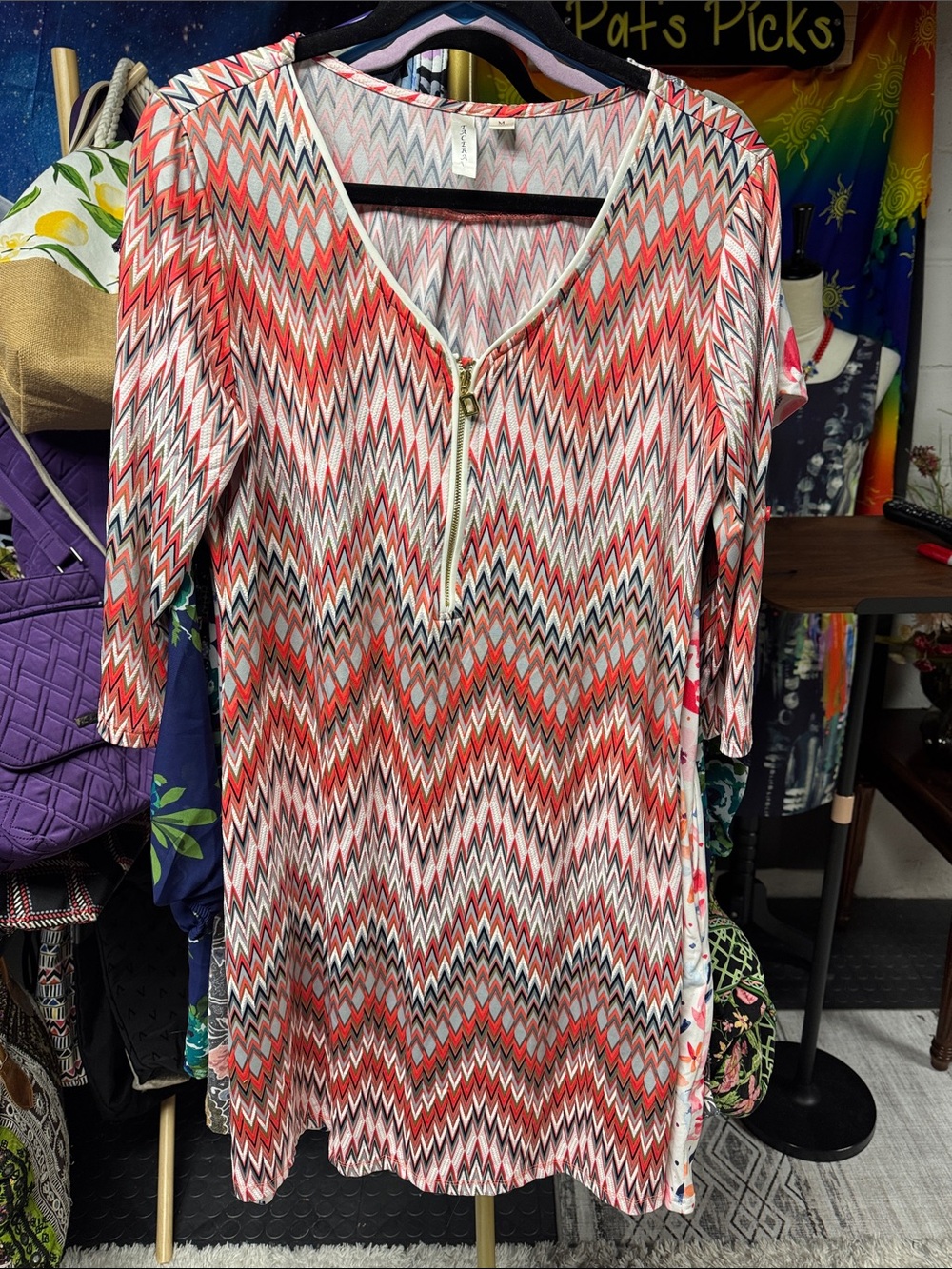 Tacera Chevron Print Dress in Coral, Gray, and White